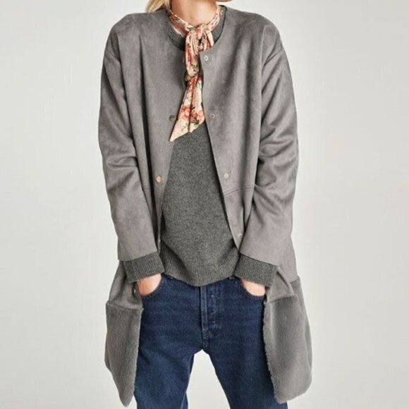 Zara Gray Faux Suede & Fur Contrast Longline Button Down Jacket S - Picture 1 of 11